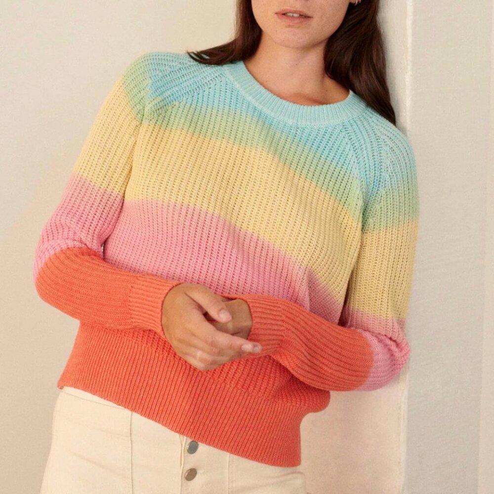 White + Warren - Recycled Cotton Textured Rainbow Crewneck Sweater in Rainbow St